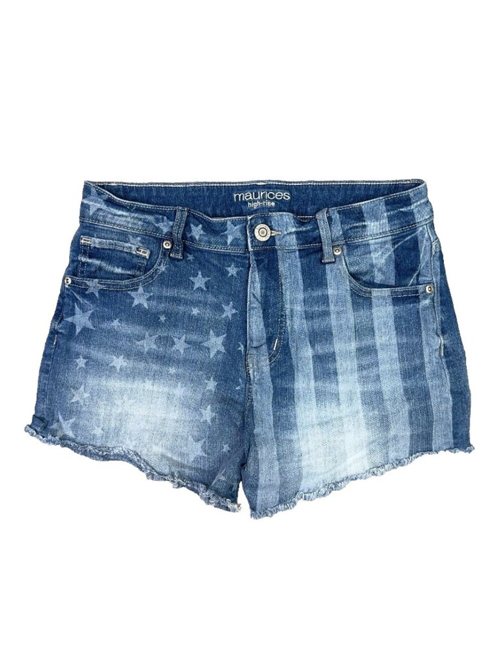 Maurices Denim Shorts Womens 8 Blue High Rise Frayed Cut Off USA Flag July 4th